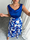 Abito estivo elegante da donna taglie forti, con stampa a foglie e patchwork, senza maniche