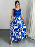 Abito estivo elegante da donna taglie forti, con stampa a foglie e patchwork, senza maniche