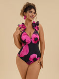 Costume da bagno intero con stampa floreale tropicale, con volant sulla spalla, taglia curvy, per l'estate, sexy beachwear