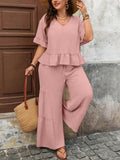 Set di top a maniche corte con scollo a V e pantaloni a gamba ampia in cotone e lino, arricciature in vita, colore tinta unita, casual, adatto per la primavera/estate, taglie comode