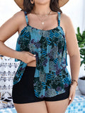 Costume da bagno tankini con stampa casuale, spalline sottili e spacco laterale per donne in taglie comode