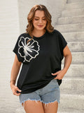 T-shirt oversize casual da vacanza, con maniche a pipistrello, collo tondo, ricamo a mano e contrasto di colori