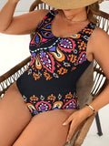 Costume da bagno intero, multicolore, stampa, collo rotondo
