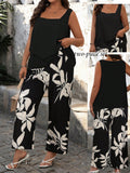 2 Pezzi Set Top Stampato Senza Maniche Con Scollo Quadrato E Pantaloni, Outfit Casual Da Vacanza
