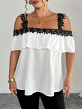 Camicetta elegante casual da donna taglie forti, con ricamo, bordo in pizzo, spalle scoperte, balze sul fondo, di stile elegante, colore a contrasto, adatta per primavera/estate