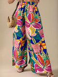 Pantaloni larghi con stampa di piante tropicali, vita elastica, taglia comoda