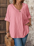 Camicia casual ampia da donna in tinta unita, scollo a V, maniche corte, finitura testurizzata