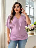 Maglietta casual da donna oversize con scollo a V, maniche corte, colore unito