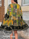 Kimono vintage con stampa e orlo frange, misura comoda, adatto per vacanza e spiaggia