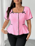 Blusa da donna taglie forti a maniche corte, con scollo quadrato, linea A, fiocco e balze