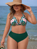 Set da bagno a 3 pezzi con bikini a stampa floreale casuale e collo alto, per taglie forti