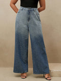 Jeans a vita alta e gamba larga, stile vintage, arricchiti da cristalli, taglie comode e oversize