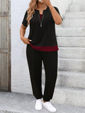 Set da 2 pezzi da donna taglie comode: top a maniche corte a collo rotondo e pantaloni casual con orlo elastico