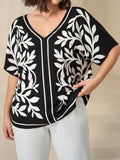 Camicia estiva con scollo a V e maniche corte, con stampa floreale, per taglie forti
