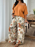 2 pezzi/set Abbigliamento casual da vacanza per donne taglie forti con stampa di piante tropicali, top e pantaloni