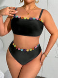 Bikini oversize da donna con stampa floreale multicolore e spalline staccabili + parte inferiore del bikini decorata con fantasia floreale in vita alta