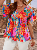Camicia casual per donna taglie forti con stampa floreale, con volant e laccio nella parte posteriore, maniche corte