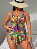 Costume da spiaggia extra large, set di costumi da bagno con tankini e coprispalle stampati casualmente