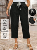 Pantaloni casual da donna di taglia grande con coulisse in vita, di colore unito