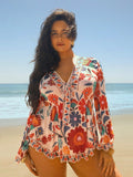 Camicia leggera e casual da donna taglie forti, con stampa floreale tropicale colorata