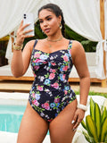 Costume da bagno casual da donna taglia comoda, a fantasia floreale, design incrocio sul davanti, arricciature e spalline regolabili, adatto per vacanze
