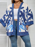 Abbigliamento casual di grandi dimensioni da donna con stampa allover di palme, stile vintage, camicia aperta davanti, adatto per spiaggia, vacanze, laurea, tè o altre occasioni