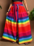 Pantaloni casual estivi a vita alta con lacci, a gamba ampia, con stampa arcobaleno, taglie comode e larghe per taglie forti