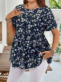 Camicia casual da donna con scollo rotondo, maniche corte, con stampa floreale, adatta per l'estate, per taglie forti