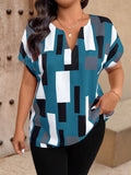 Camicia estiva casual da donna taglie forti con stampa geometrica, colletto aperto, maniche corte