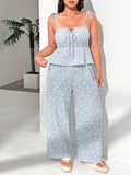 Set casual  con 2 pezzi, composto da top con stampa a quadri bianchi e blu a nido d'ape con fiocco anteriore e pantaloni a gamba larga, taglie forti