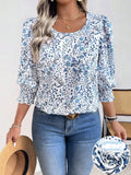 Camicia casual da donna taglie forti con collo rotondo, maniche a 3/4 e stampa floreale ditsy