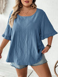 Blusa kaki ample con maniche corte arricciate, orlo casual ampio, adatta per l'uso quotidiano e le vacanze, estive, taglie comode, estate, Hoho Vacation