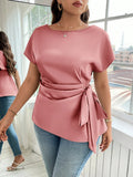 Camicia a maniche corte con scollo a equipaggio, a tinta unita, con fiocco anteriore, per donne taglia grande d'estate