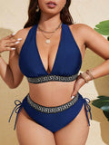 Bikini da donna taglie forti, 2 pezzi, con lacci incrociati sulla schiena e collo, design minimale