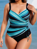 Costume da bagno intero a righe con spalline sottili e coulisse in vita, per vacanze, per taglie forti