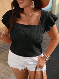 Blusa quadrata con maniche a campana e volant di colore unito per taglie comode, ideale per le vacanze