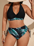 Set di bikini 2025 nuovi arrivi con taglio taglia curvy, lacci al collo, stampa di foglie tropicali, incrocio sul petto, coulisse, stile europeo e americano