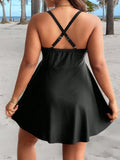 Costume da bagno estivo taglia grande per donna, costume intero nero con arricciature e fiocco anteriore, set burkini per vacanza in spiaggia