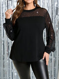 Top a contrasto in rete con strass, per taglie forti, autunnale