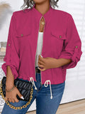 Giacca donna taglie forti in stile casual e minimal, tinta unita, con collo a revers, tasche, maniche con arrotolamento, orlo con cordino, chiusura con cerniera