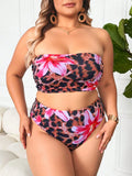 Bikini taglie forti da donna con top a fascia con stampa floreale e leopardata e pantaloncini da bagno in vita alta con stampa, set di abbigliamento da spiaggia elegante e casual