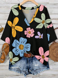 T-shirt casual e ampia con stampa floreale a effetto dopamina, adatta per taglie forti, idonea per vacanze estive