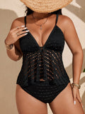 Set di costumi da bagno tankini da donna taglie forti di colore unito con dettagli traforati