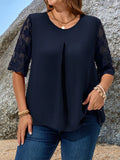 Camicia elegante e ampia in pizzo a contrasto, girocollo, taglie forti
