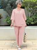 Set da 2 pezzi da donna taglie forti: Top a maniche 3/4 a collo tondo di colore unito e pantaloni, casual