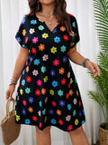 Abito da vacanza con maniche a pipistrello, scollo a tacca, stampa floreale colorata, per taglie curvy, adatto per outfit estivi da spiaggia, abiti da spiaggia, abiti da festa di laurea, tea festa