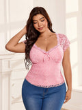 maglietta con maniche corte, taglio a peplum, in pizzo floreale rosa, per taglie comode