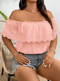Blusa morbida e sexy da donna taglie forti, con spalle scoperte, arricciature, patchwork e senza maniche, di colore unito