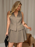 Completo casual da donna taglie comode composto da gilet monocolore con bottoni e gonna a-line, 2 pezzi