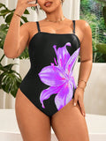 Costume da bagno intero con stampa di fiori di giglio a taglia forte, con bretelle rimovibili, per l'estate e le vacanze casual